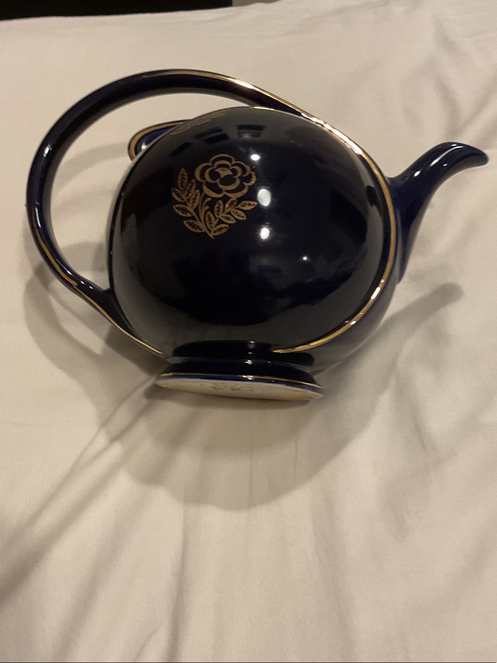 Antique Hall Navy Blue Teapot with Gold Floral Accent